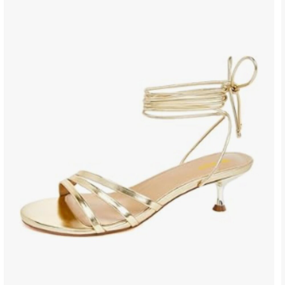 Metallic Gold Strappy Ankle-Tie Kitten Heel Sandal